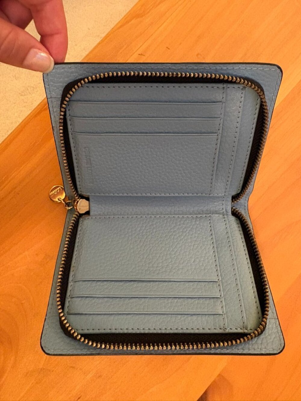 light blue leather Lodis zip wallet 4"x6"